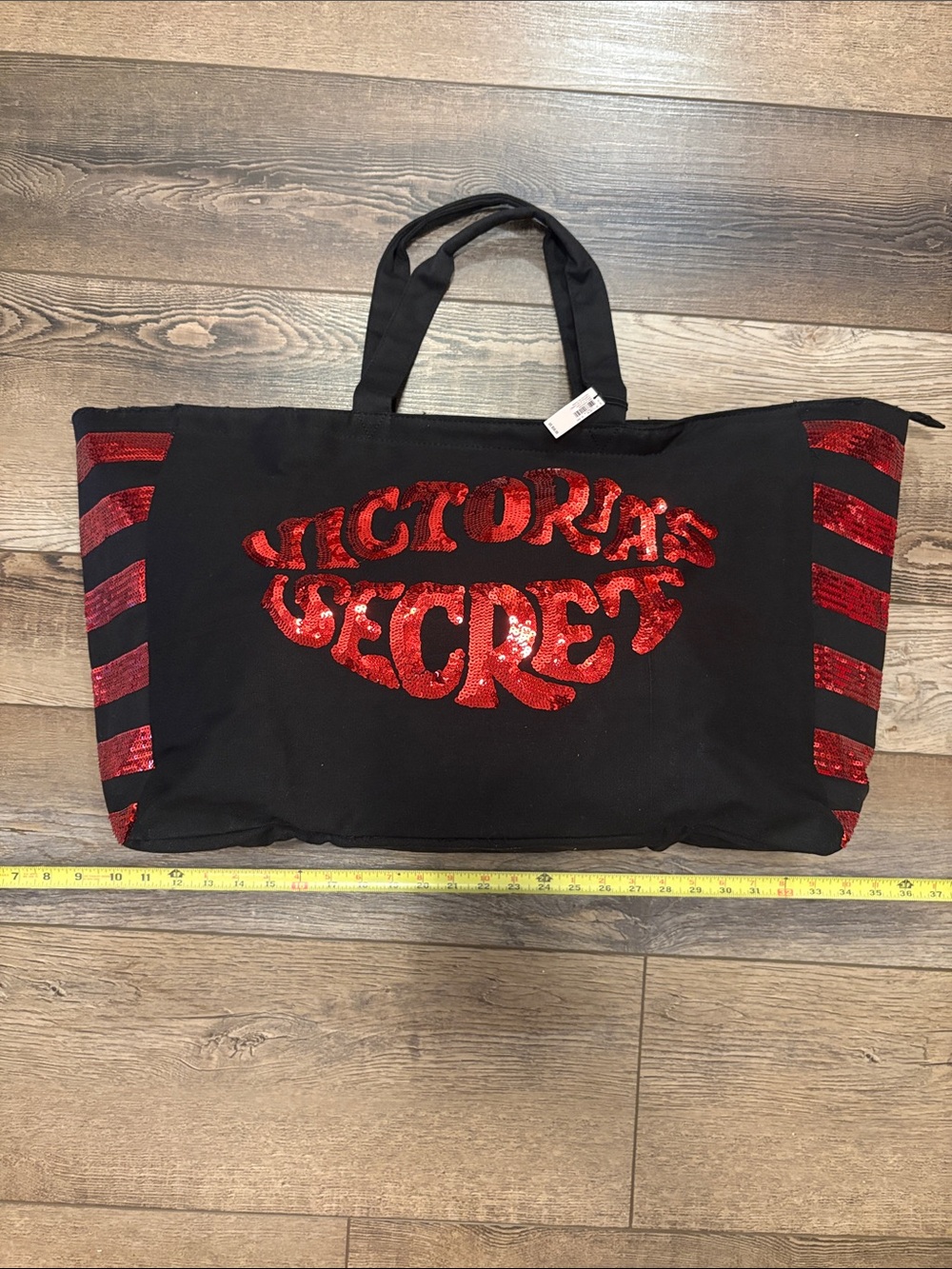 Victoria's Secret Black Tote with Red Sequin Logo and Stripes